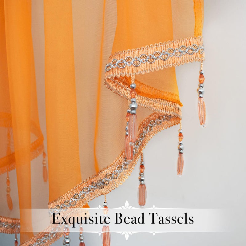 WUBODTI Orange Beaded Sheer Curtain Valances for Kitchen Windows, Triangle Sheer Voile Swag Valance Curtains Boho Bead Tassels Window Valances for Bedroom Bathroom Living Room,3PCs, Each W51 x L24 - Image 3